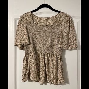 Large, orange creek, smocked, floral peplum blouse